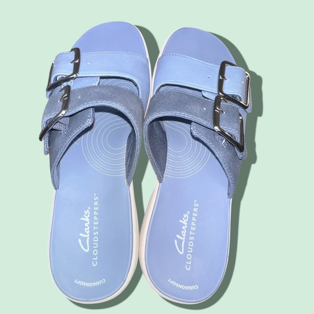 Clarks Cloudsteppers Demin Buckle Slide Sandals Women's Size 7‎